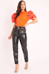 Orange Puff Short Sleeve Ribbed Top - Eilah-Tops