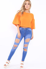 Orange Puffball Sleeve Top - Indiana-Tops