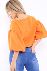 Orange Puffball Sleeve Top - Indiana-Tops