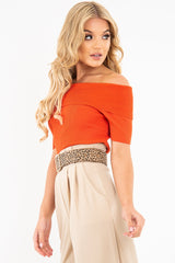 Orange Rib Knit Bardot Top - Gloria-Crop Tops