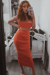 Orange Rib Knitted Midi Skirt - Kloey-Skirts