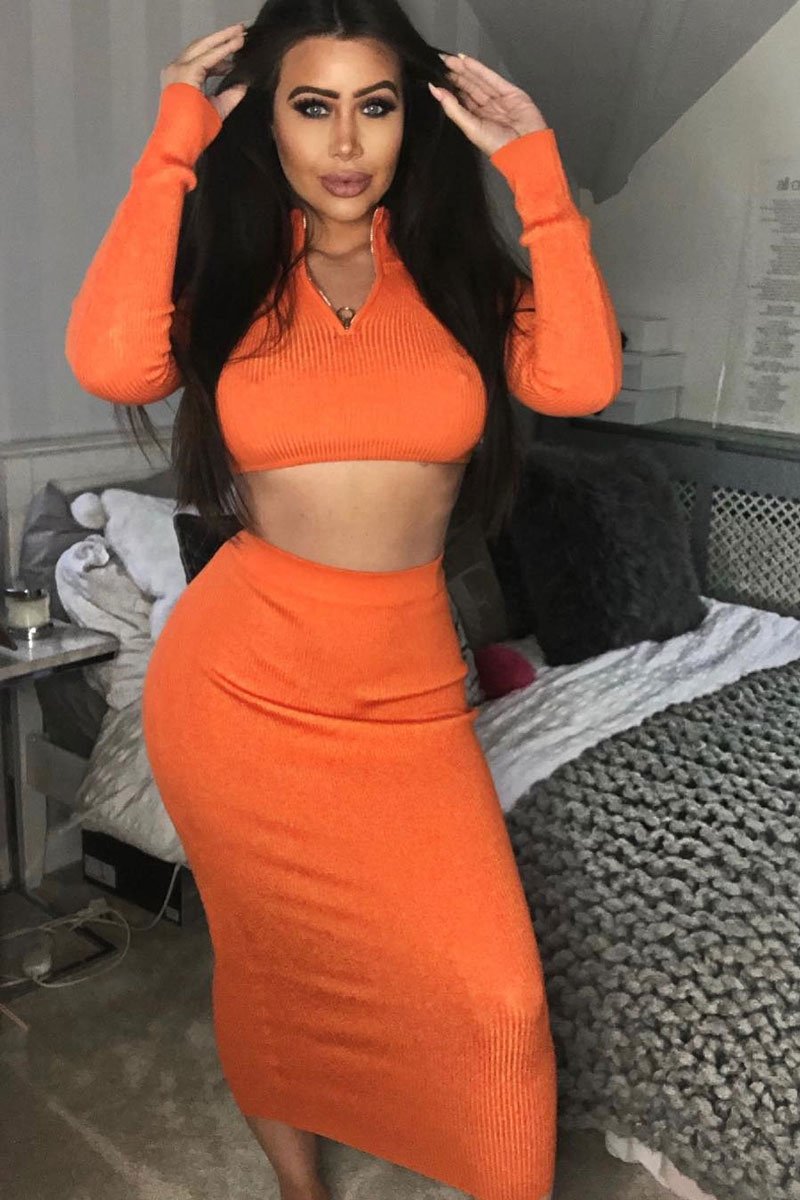 Orange Rib Knitted Midi Skirt - Kloey-Skirts