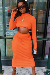 Orange Rib Knitted Midi Skirt - Kloey-Skirts