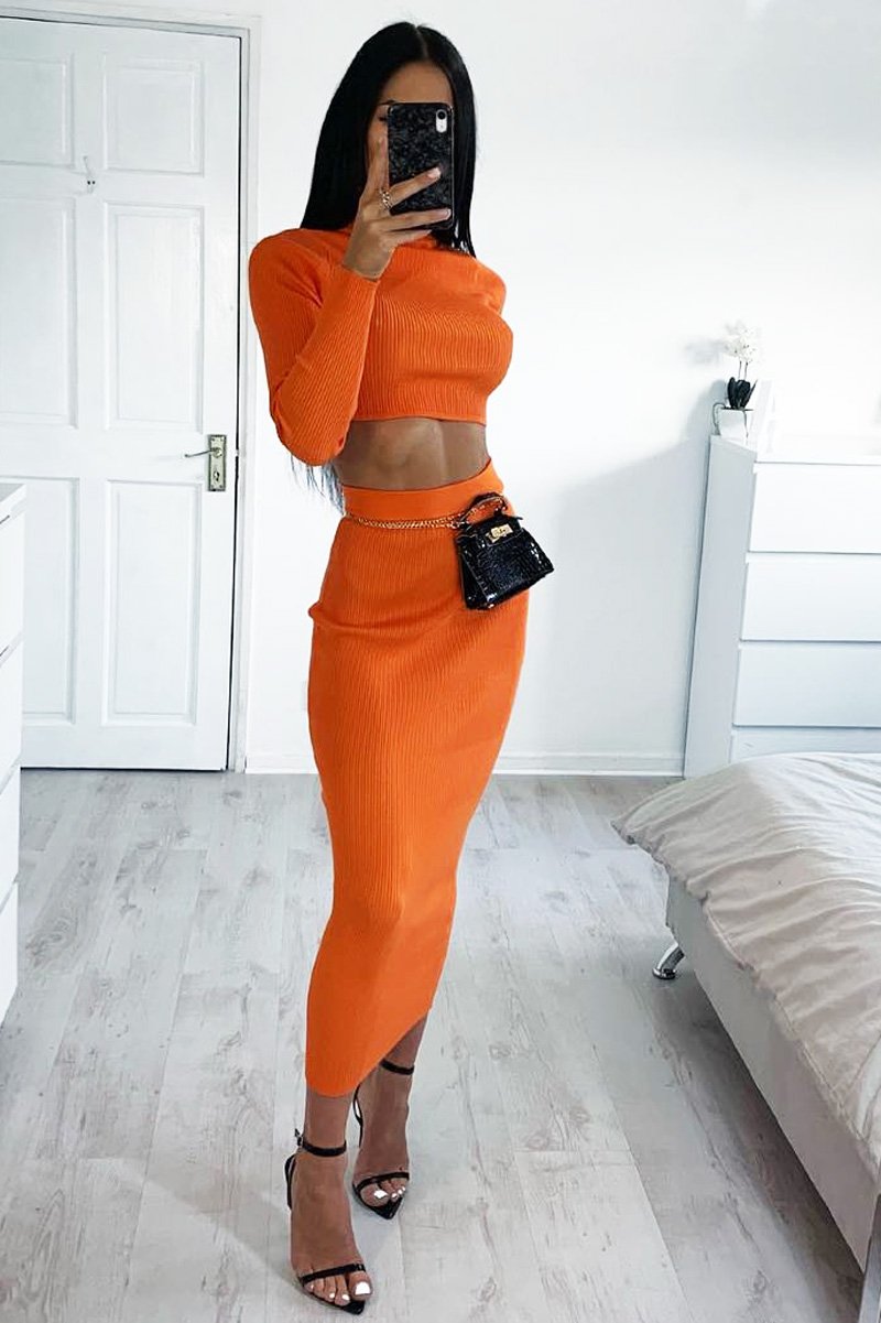 Orange Rib Knitted Midi Skirt - Kloey-Skirts