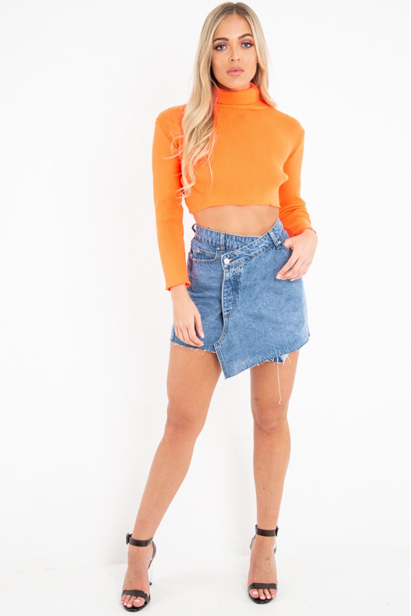 Orange Rib Roll Neck Crop Jumper - Hayvin-Crop Jumper