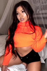 Orange Rib Roll Neck Crop Jumper - Hayvin-Crop Jumper