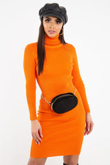 Orange Rib Roll Neck Midi Dress - Ellerie-Dresses