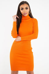 Orange Rib Roll Neck Midi Dress - Ellerie-Dresses