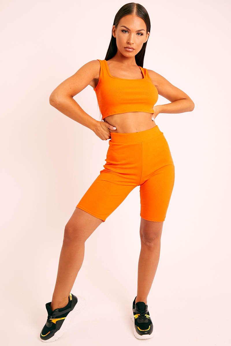 Orange Ribbed Crop Top and Cycling Shorts Co-ord - Nina-Co-ords