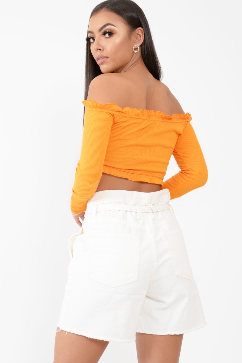 Orange Ribbed Frill Bardot Crop Top - Cassidy-Crop Tops
