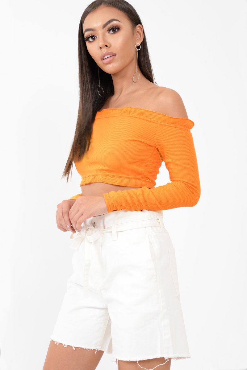 Orange Ribbed Frill Bardot Crop Top - Cassidy-Crop Tops