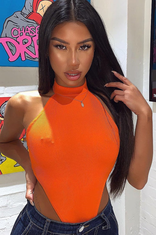 Orange Ribbed High Neck Sleeveless Bodysuit - Electra
