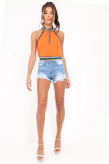 Orange Ring Zip Front Halterneck Crop Top - Wessie-Tops