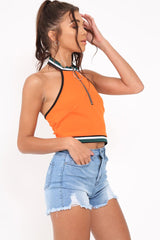 Orange Ring Zip Front Halterneck Crop Top - Wessie-Tops