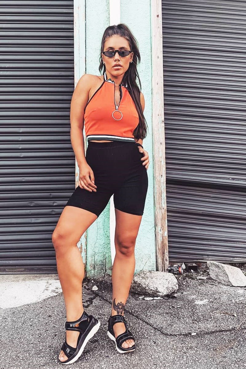 Orange Ring Zip Front Halterneck Crop Top - Wessie-Tops
