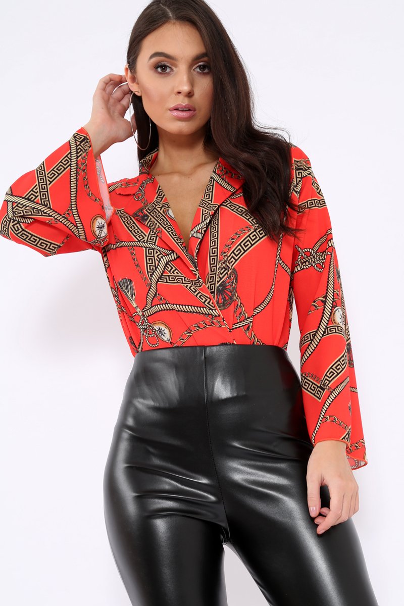 Orange Rope Print Plunge Bodysuit - Jani-Bodysuits