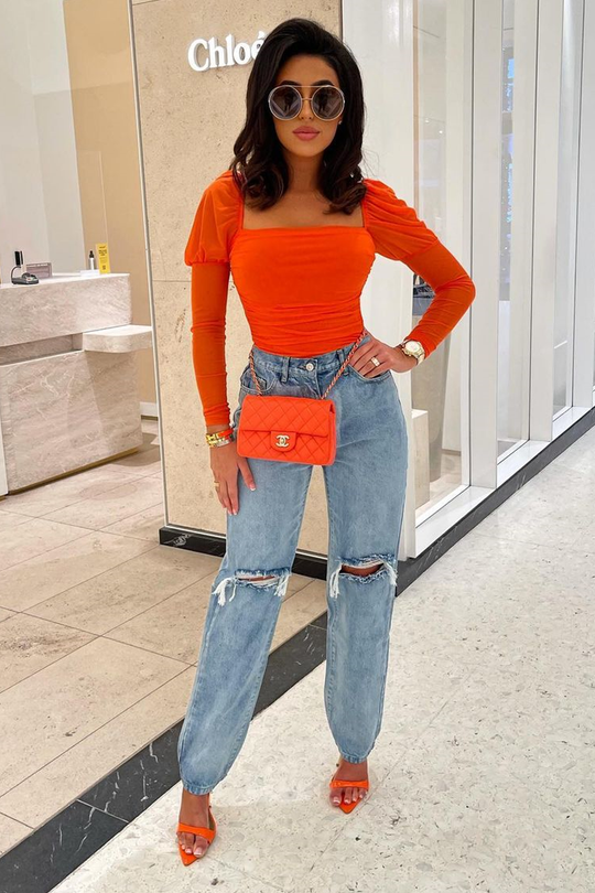 Orange Ruched Body Mesh Sleeve Bodysuit - Raeya