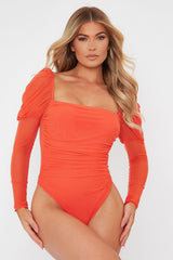 Orange Ruched Body Mesh Sleeve Bodysuit - Raeya-Bodysuits