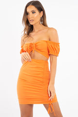Orange Ruched Bow Tie Crop Top Skirt Co-ord - Chasity-Co-ords