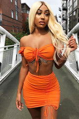 Orange Ruched Bow Tie Crop Top Skirt Co-ord - Chasity-Co-ords