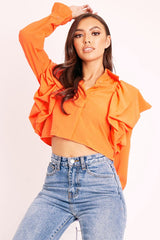 Orange Ruffle Shoulder Cropped Shirt - Fiorella-Shirts