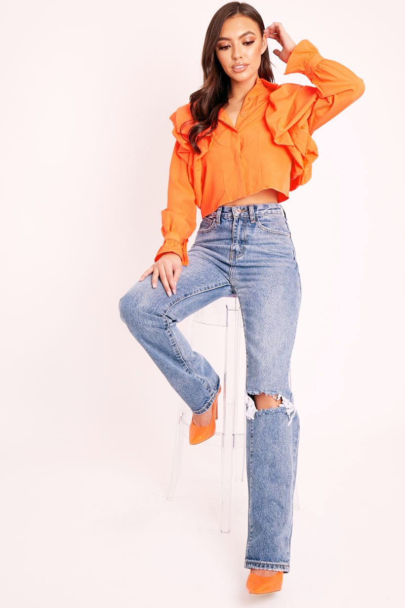 Orange Ruffle Shoulder Cropped Shirt - Fiorella-Shirts