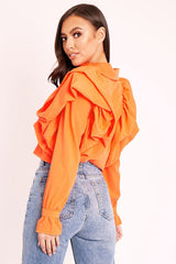 Orange Ruffle Shoulder Cropped Shirt - Fiorella-Shirts