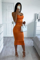 Orange Satin Cowl Neck Midi Bodycon Dress - Liliana-Dresses