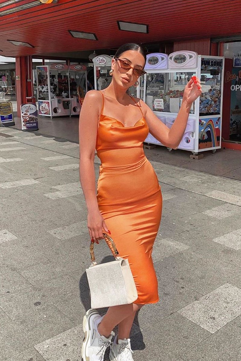 Orange Satin Cowl Neck Midi Dress - Liliana Rebellious Fashion Orange Satin Cowl Neck Midi Dress - Liliana Rebellious Fashion