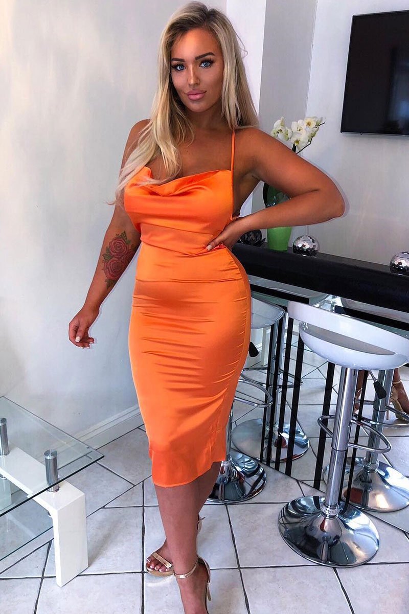 Orange Satin Cowl Neck Midi Bodycon Dress - Liliana Orange Satin Cowl Neck Midi Bodycon Dress - Liliana