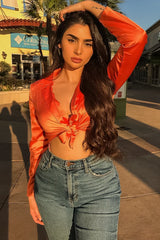 Orange Satin Cut Out Tie Front Bodysuit - Ezabella-Bodysuits