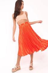 Orange Satin Pleated Midi Skirt - Kelyn-Skirts