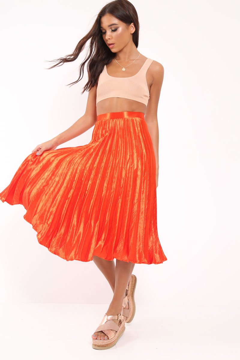 Orange Satin Pleated Midi Skirt - Kelyn-Skirts