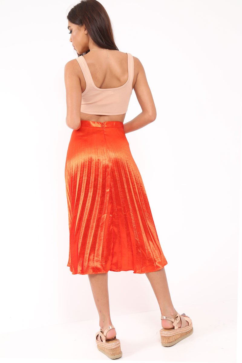 Orange Satin Pleated Midi Skirt - Kelyn-Skirts