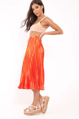 Orange Satin Pleated Midi Skirt - Kelyn-Skirts