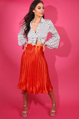 Orange Satin Pleated Midi Skirt - Kelyn-Skirts