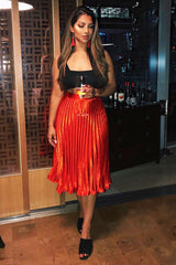 Orange Satin Pleated Midi Skirt - Kelyn-Skirts