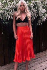 Orange Satin Pleated Midi Skirt - Kelyn-Skirts