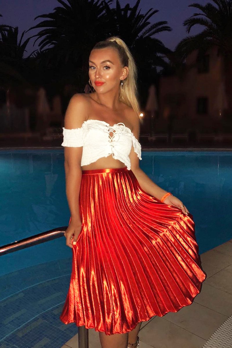 Orange Satin Pleated Midi Skirt - Kelyn-Skirts