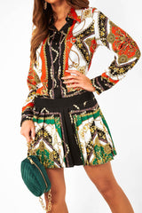 Orange Scarf Print Pleated Hem Shirt Dress - Elzie-Dresses