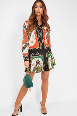 Orange Scarf Print Pleated Hem Shirt Dress - Elzie-Dresses