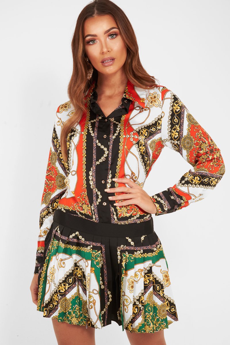 Orange Scarf Print Pleated Hem Shirt Dress - Elzie-Dresses