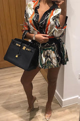 Orange Scarf Print Pleated Hem Shirt Dress - Elzie-Dresses