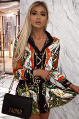 Orange Scarf Print Pleated Hem Shirt Dress - Elzie-Dresses