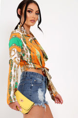 Orange Scarf Print Tie Front Cropped Shirt - Nishitha-Tops