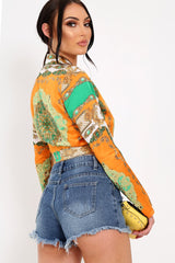 Orange Scarf Print Tie Front Cropped Shirt - Nishitha-Tops