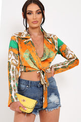 Orange Scarf Print Tie Front Cropped Shirt - Nishitha-Tops