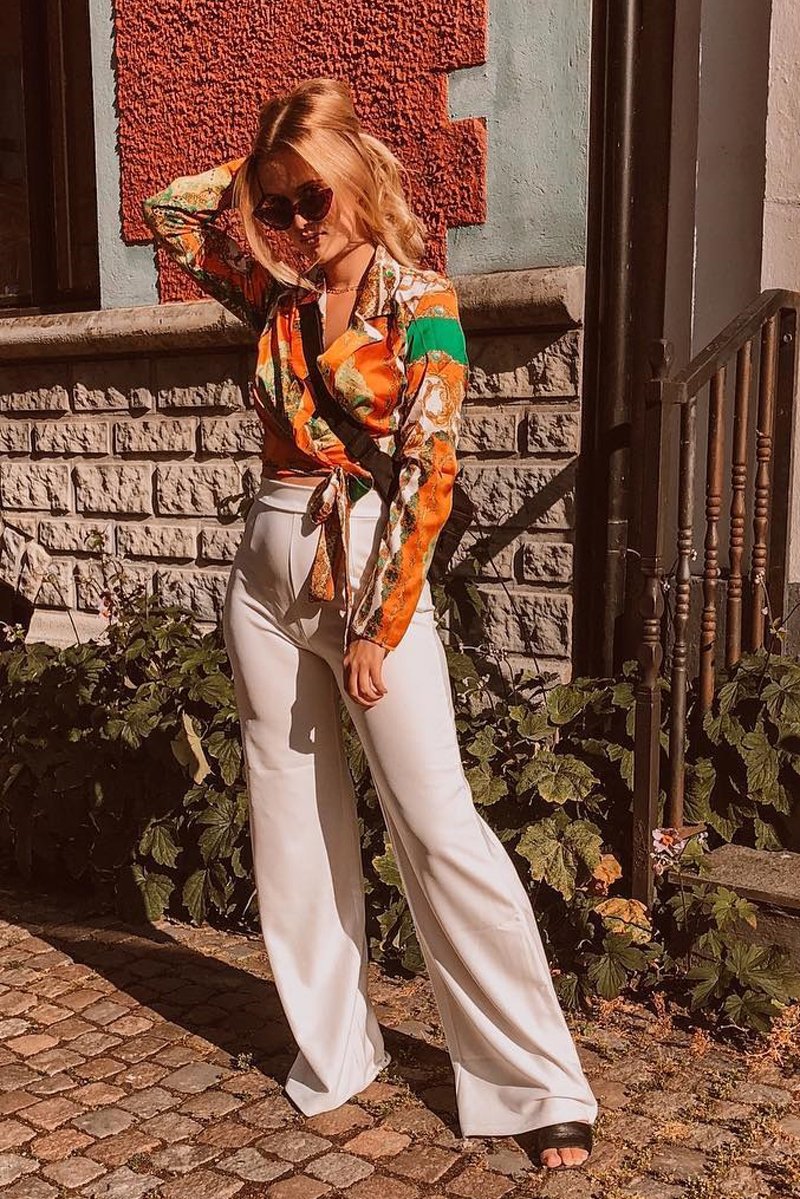 Orange Scarf Print Tie Front Cropped Shirt - Nishitha-Tops