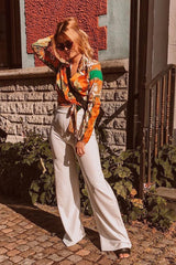 Orange Scarf Print Tie Front Cropped Shirt - Nishitha-Tops