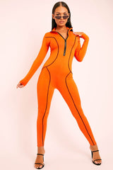 Orange Seam Detail Zip Front Jumpsuit - Liana-Jumpsuits